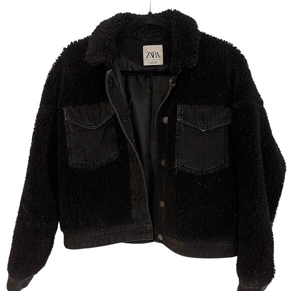 Zara Sherpa Faux Shearling Button Front Denim Jacket Black Size Medium - Picture 1 of 6